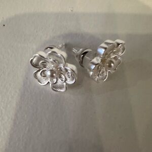 Silver Floral Pearl Stud Earrings